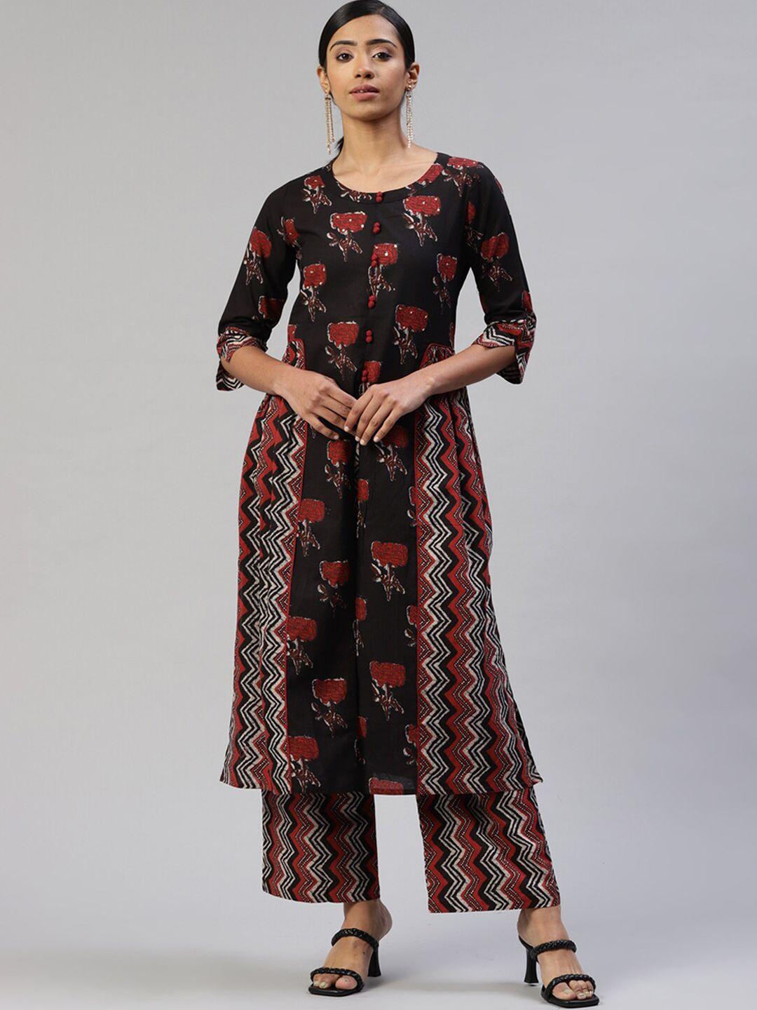 iridaa jaipur women black & red floral embroidered pleated pure cotton kurta with trousers
