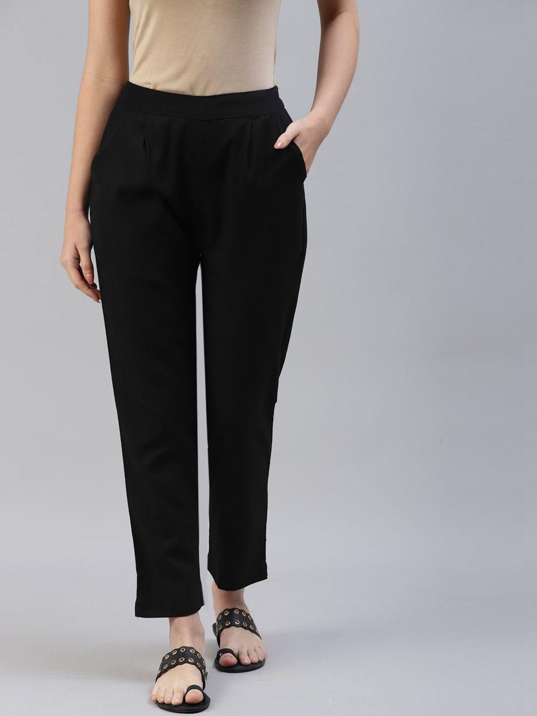 iridaa jaipur women black cotton flex solid straight trousers