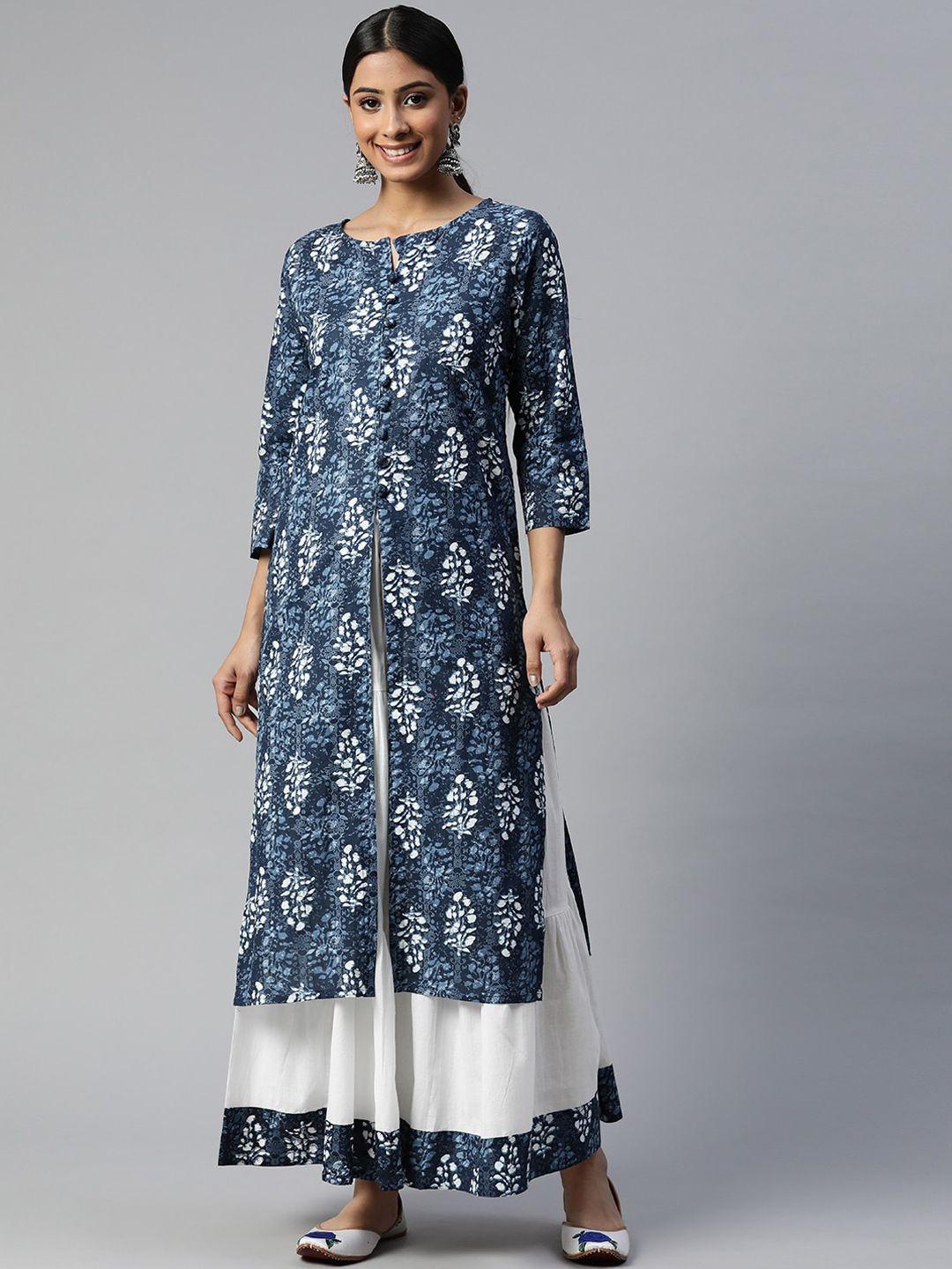 iridaa jaipur women blue ethnic motifs printed pure cotton kurta with skirt