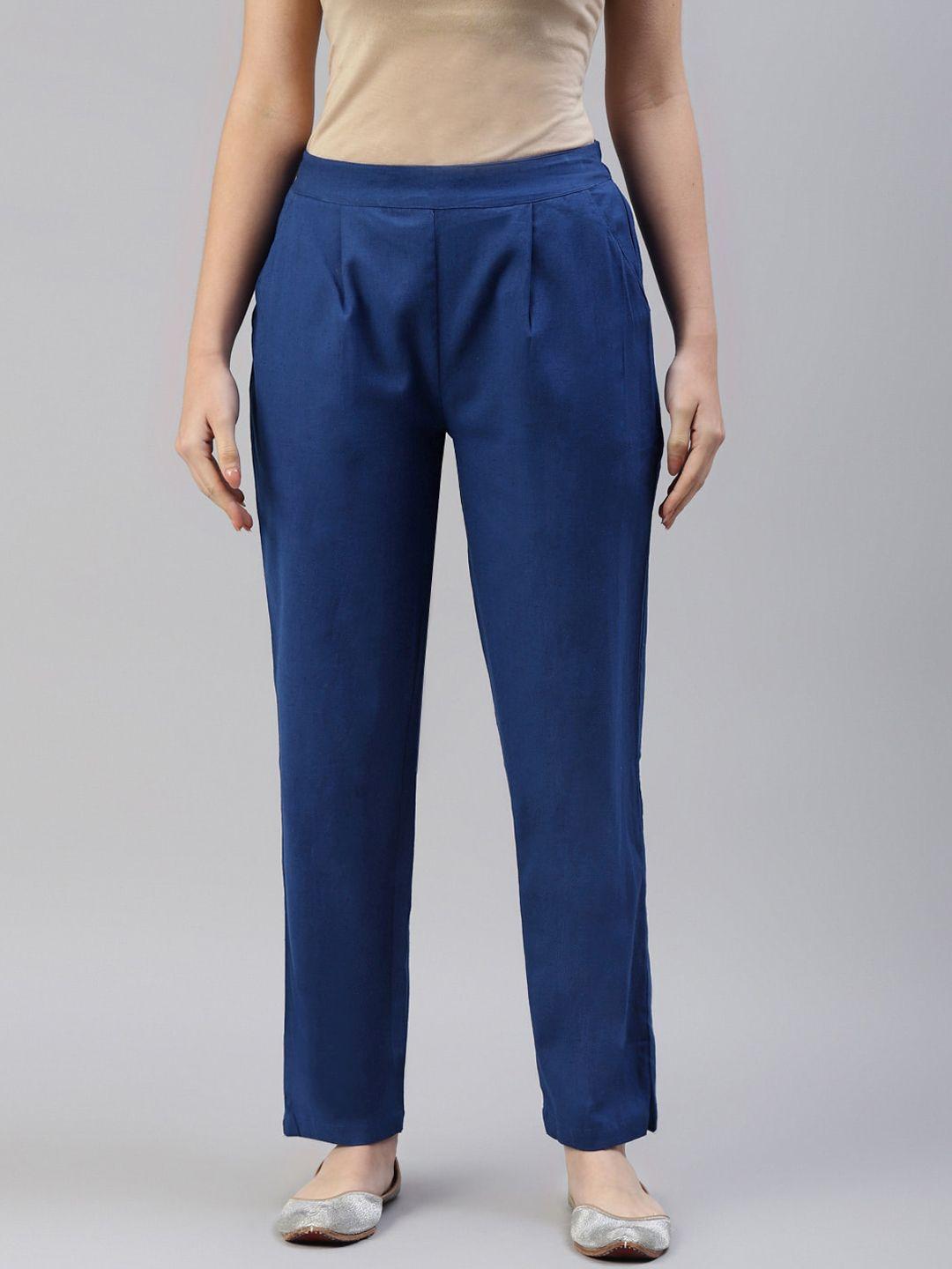 iridaa jaipur women blue pleated regular fit trousers