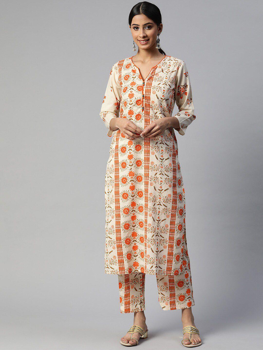 iridaa jaipur women cream-coloured floral printed pure cotton kurta with trousers