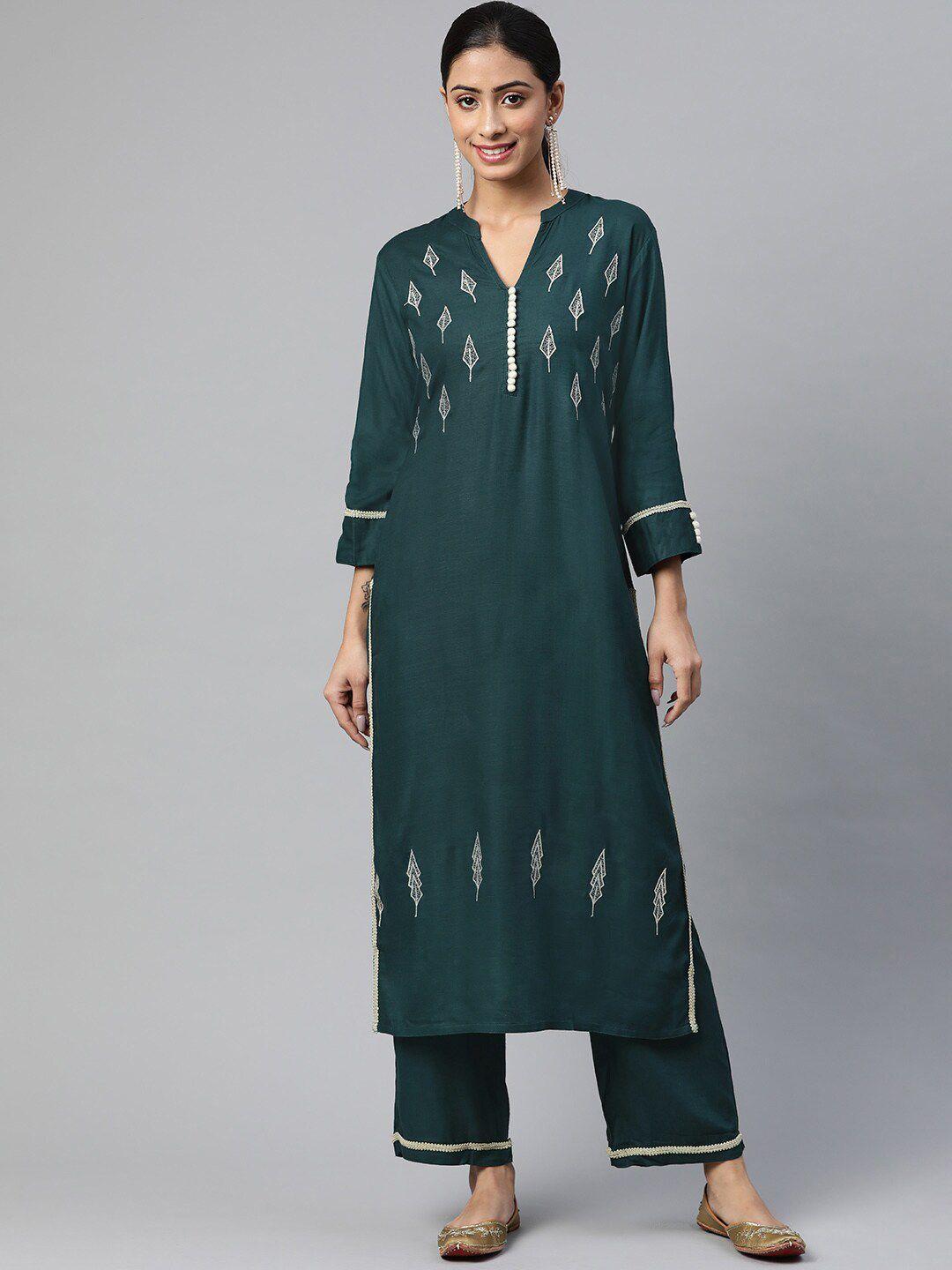 iridaa jaipur women green embroidered kurta with palazzos