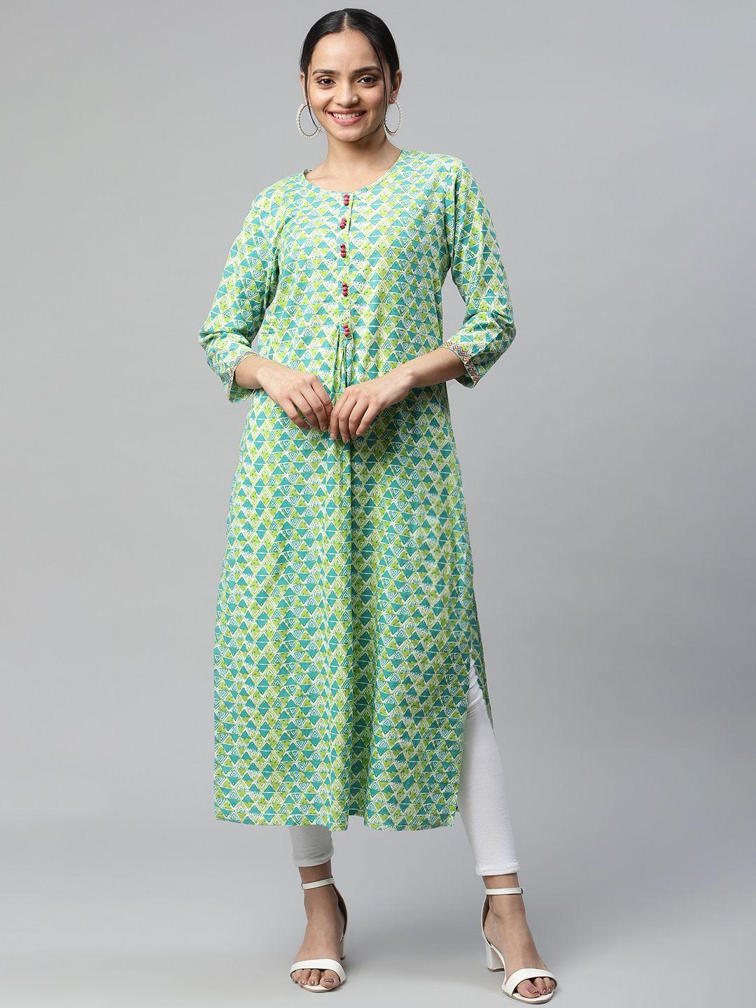 iridaa jaipur women green geometric printed kurta