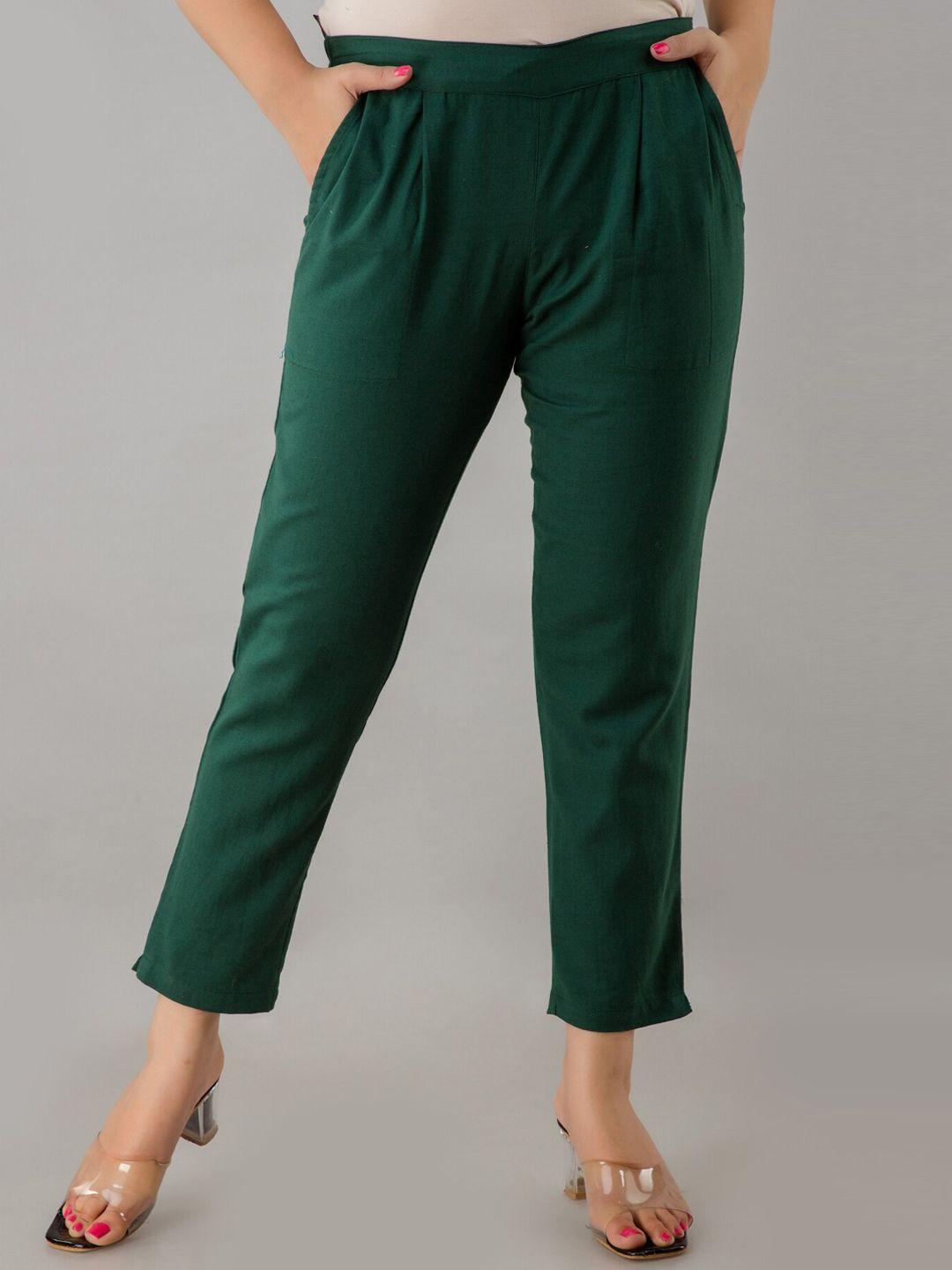 iridaa jaipur women green solid cotton flex trousers
