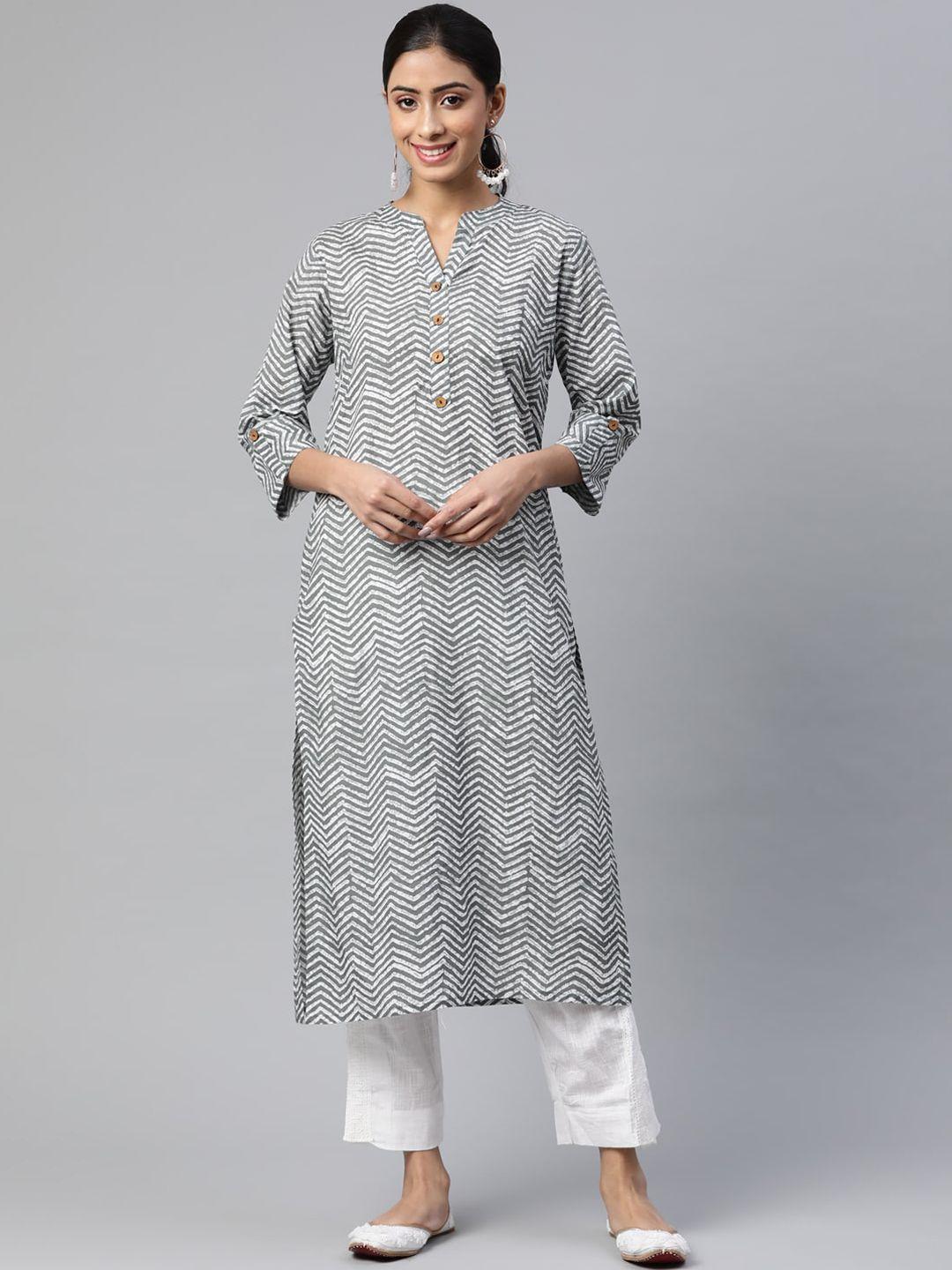 iridaa jaipur women grey printed panelled pure cotton kurta with trousers