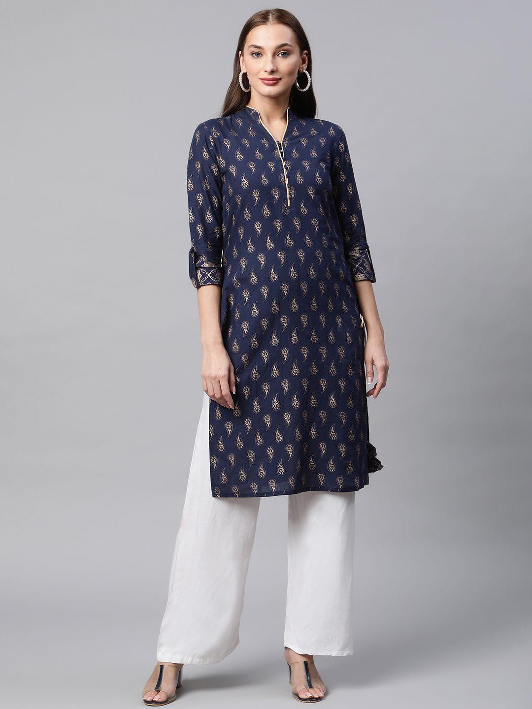 iridaa jaipur women navy blue & gold-toned ethnic motifs printed kurta