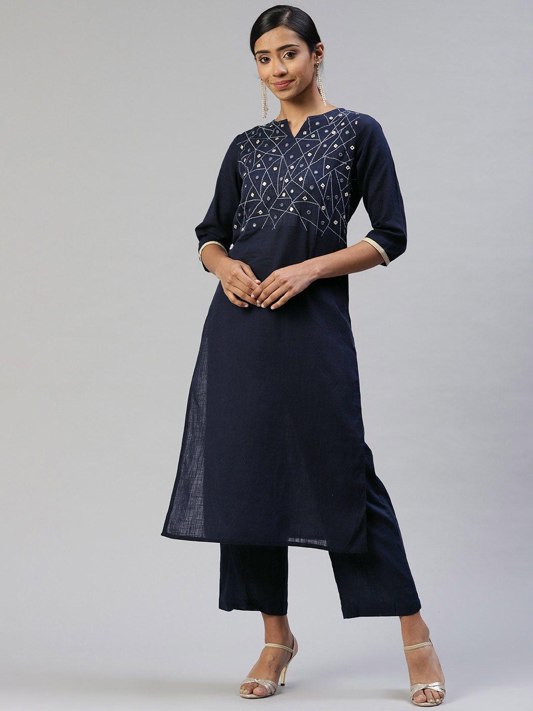 iridaa jaipur women navy blue yoke design mirror work pure cotton kurta set plus size