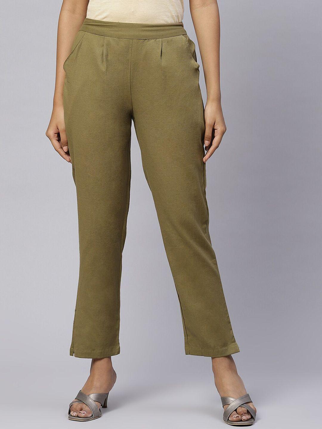 iridaa jaipur women olive green solid regular fit mid-rise casual trousers