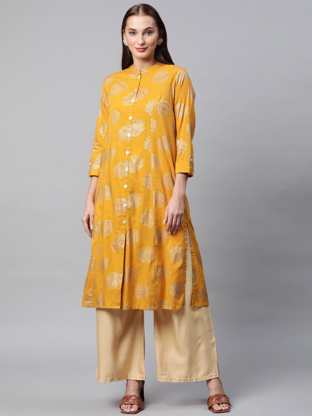 iridaa jaipur women yellow & gold-toned ethnic motifs printed kurta