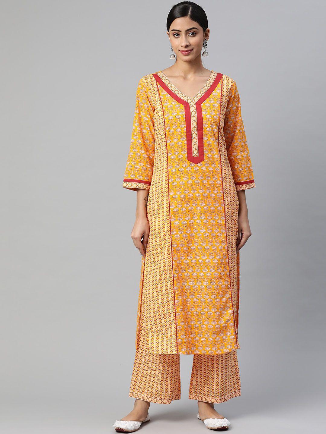 iridaa jaipur women yellow ethnic motifs printed pure cotton kurta with palazzos