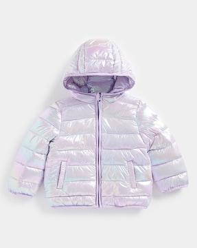 iridescent packaway hooded puffer jacket