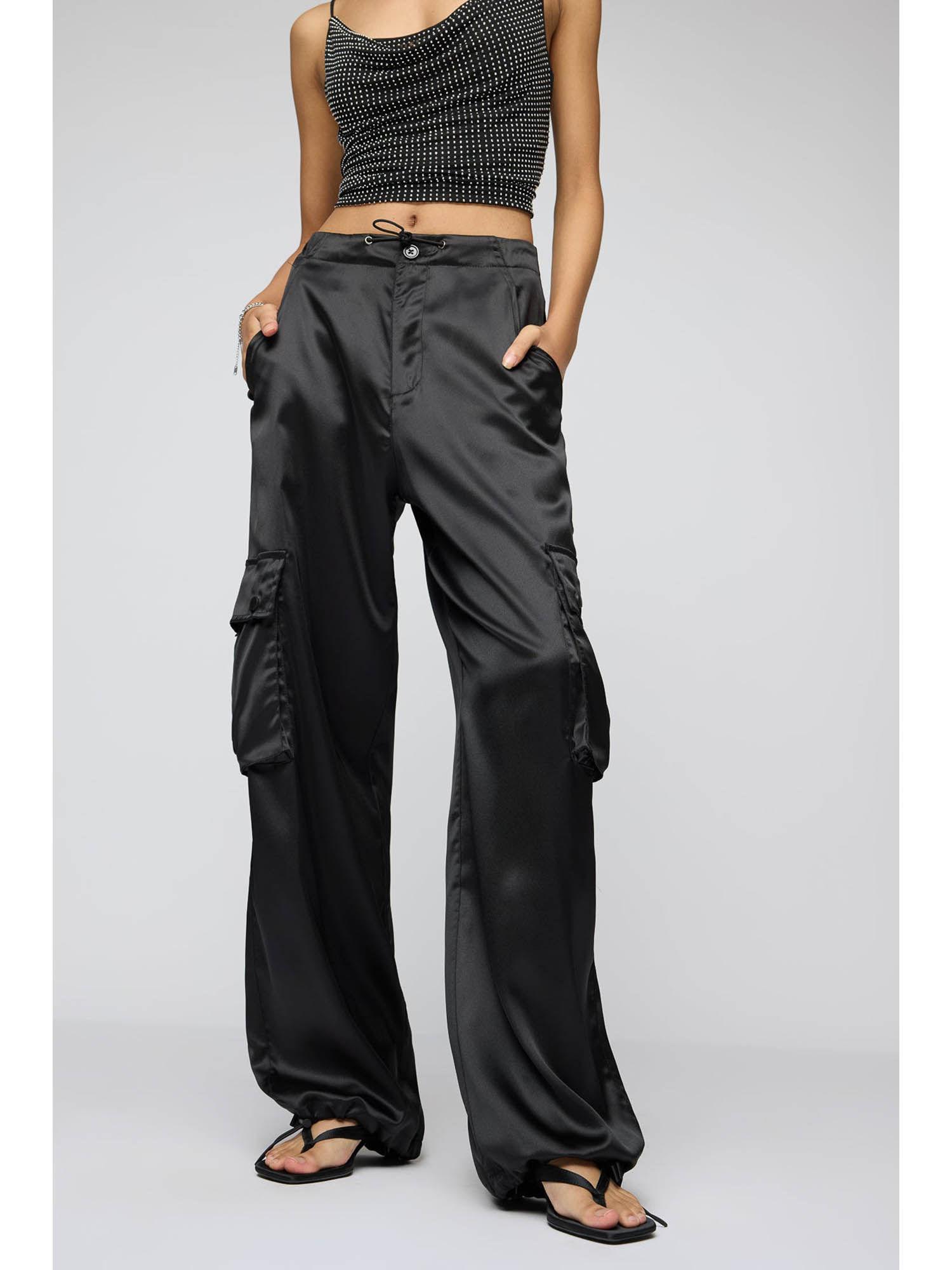 iris black satin parachute trousers