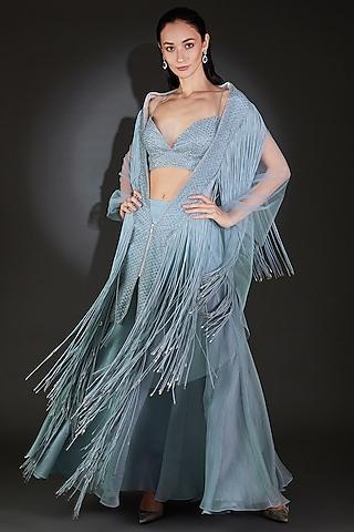 iris blue silk organza lehenga set