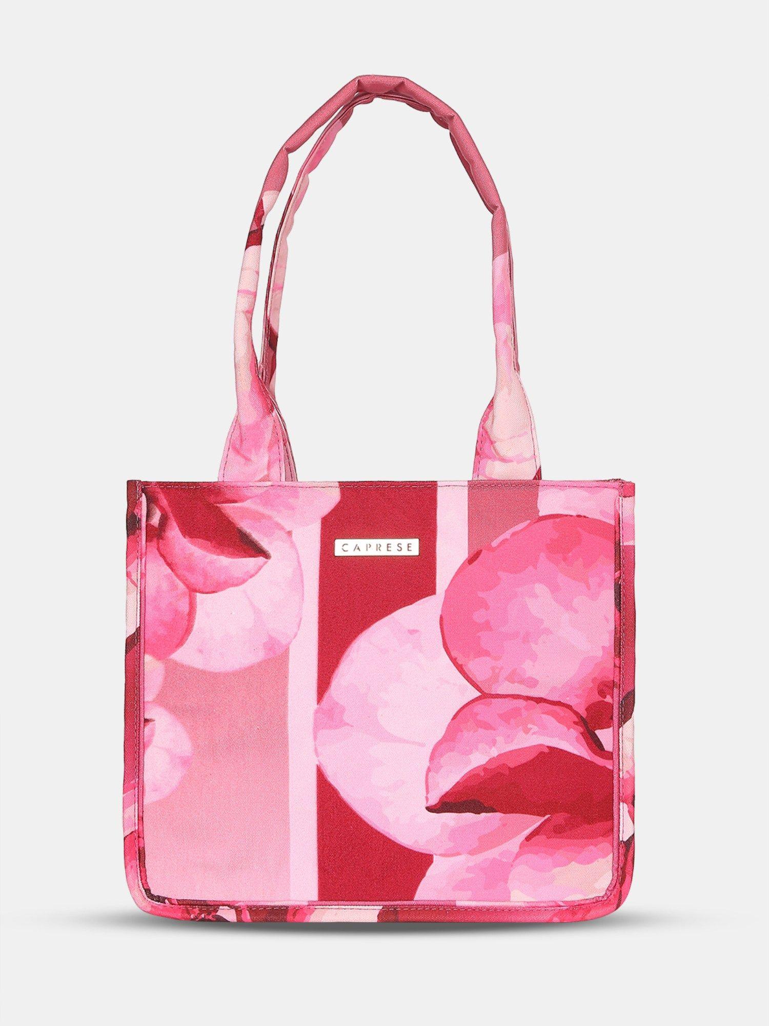 iris floral printed pink poly canvas large tote handbag
