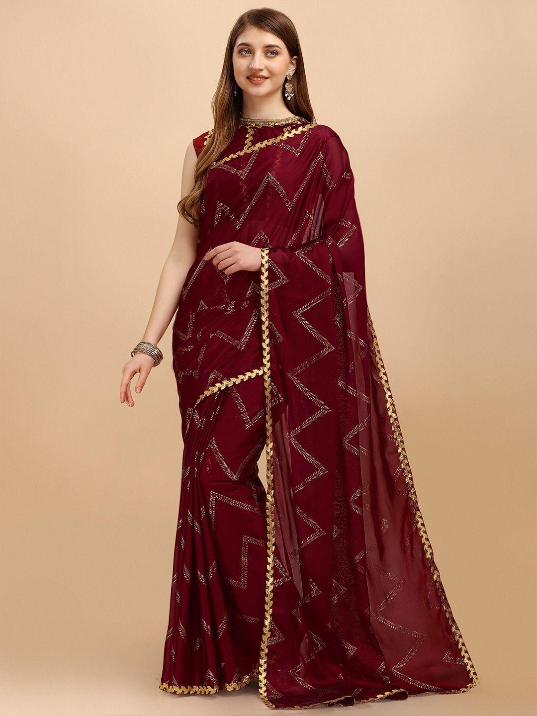 iris maroon & gold-toned floral embroidered silk cotton block print saree