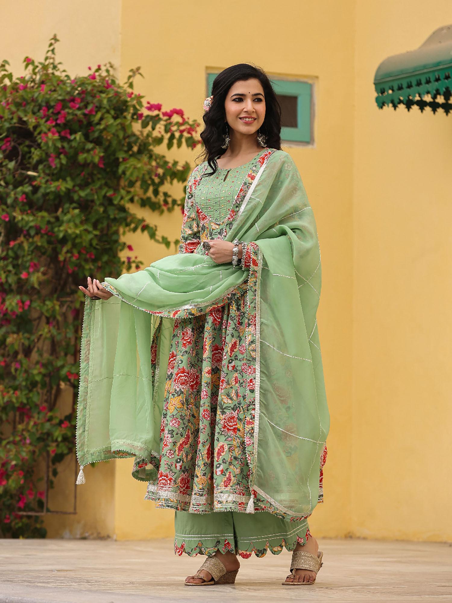 iris mint anarkali floral printed suit set with palazzo and dupatta (set of 3)