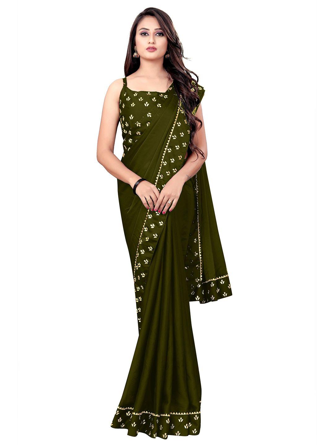 iris olive green & gold-toned floral silk cotton saree