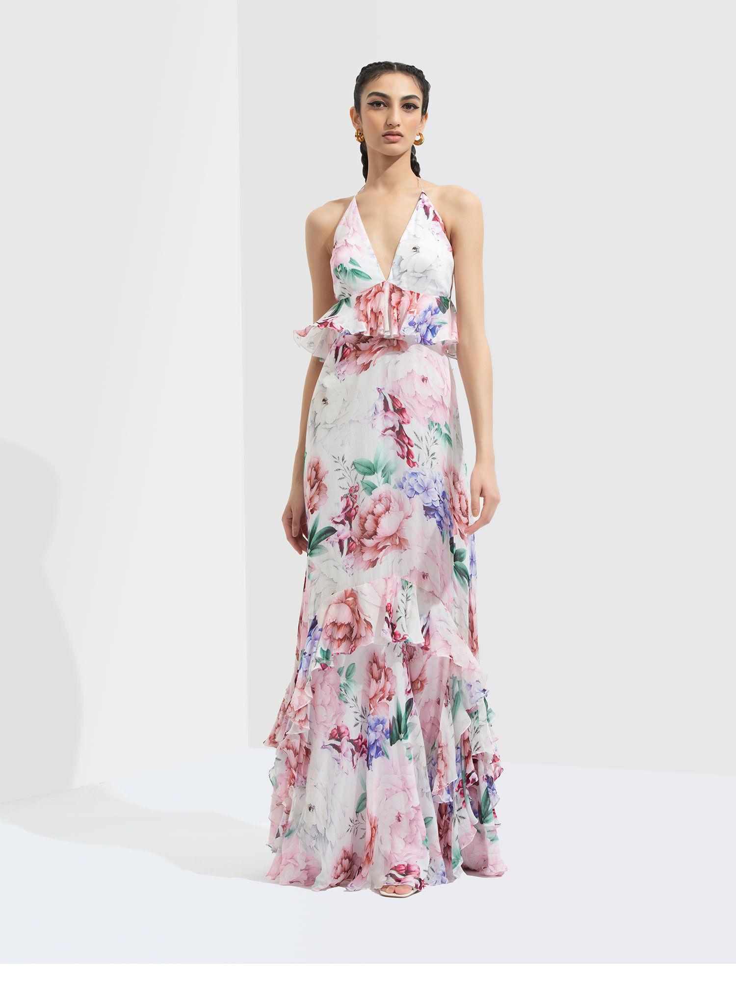 iris printed long dress multi-color