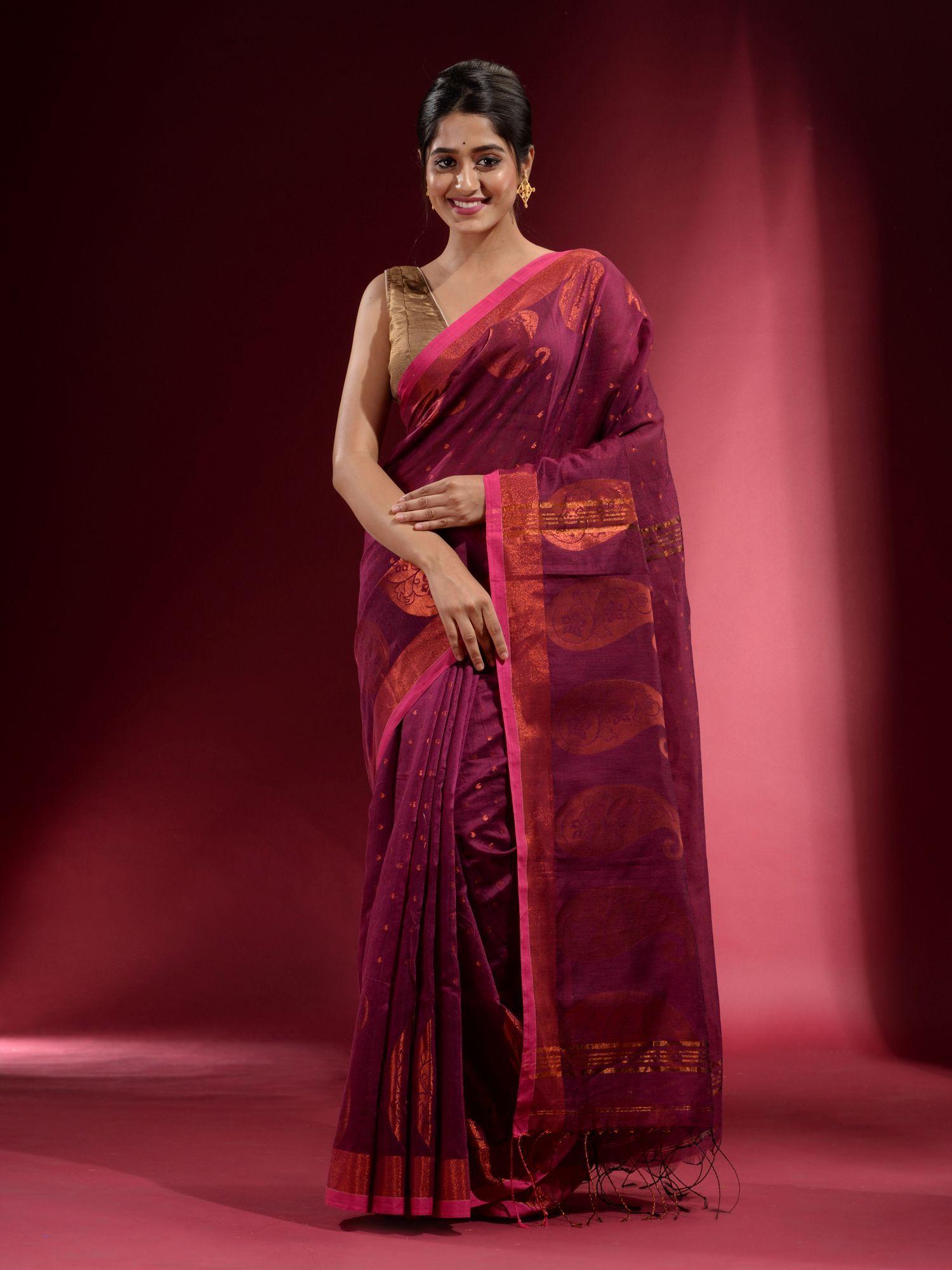 iris purple with zari paisley motif saree with unstitched blouse