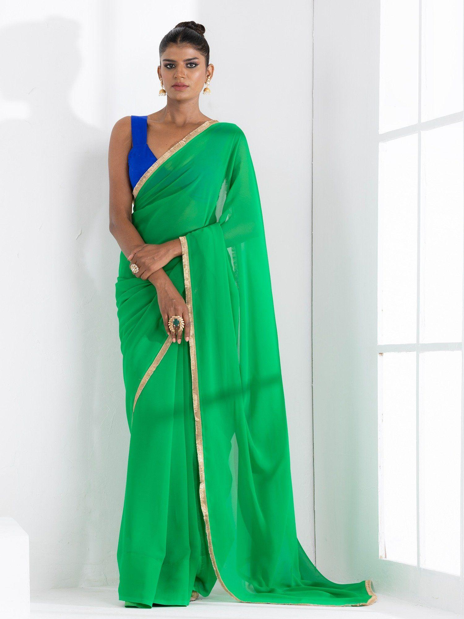 irish green georgette saree with unstitched blouse & lace