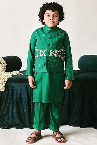 irish green vegan silk sequins hand embroidered nehru jacket set for boys