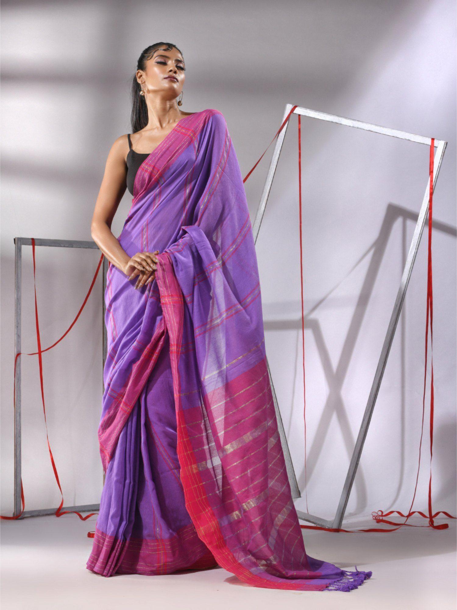 irish purple cotton zari stripes saree with unstitched blouse