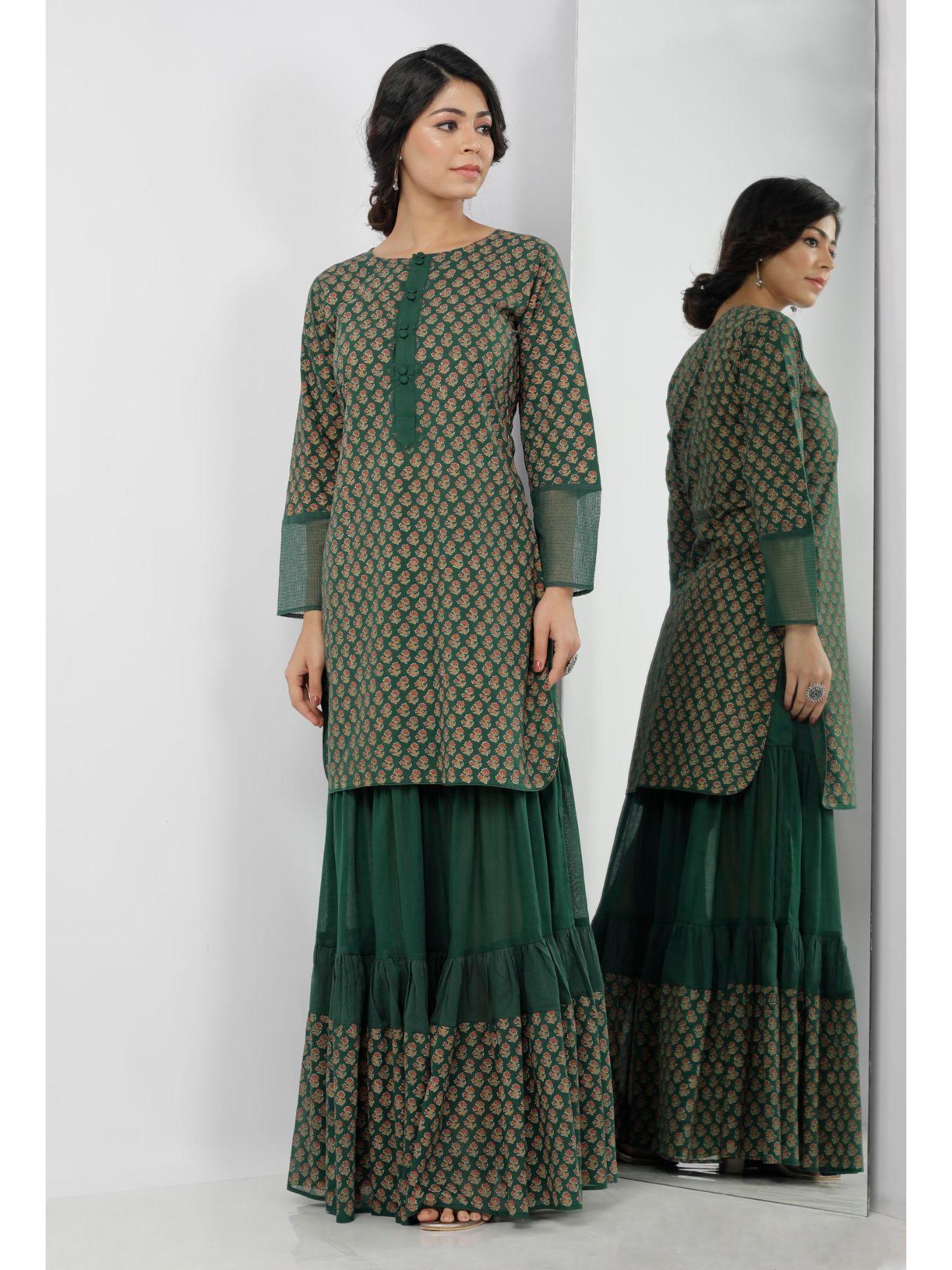 irvin bottle green floral hand-block printed cotton short kurta