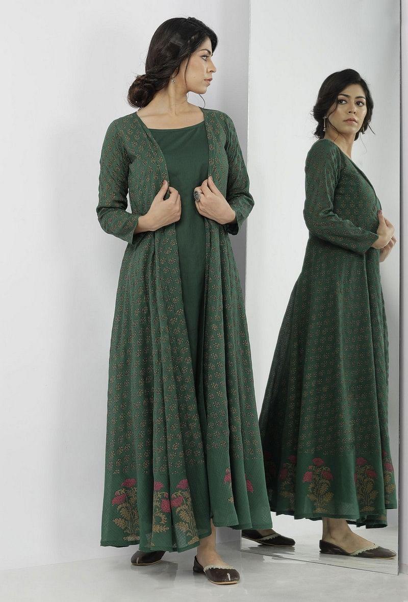 irvin bottle green floral motif hand block printed kota full sleeves cape