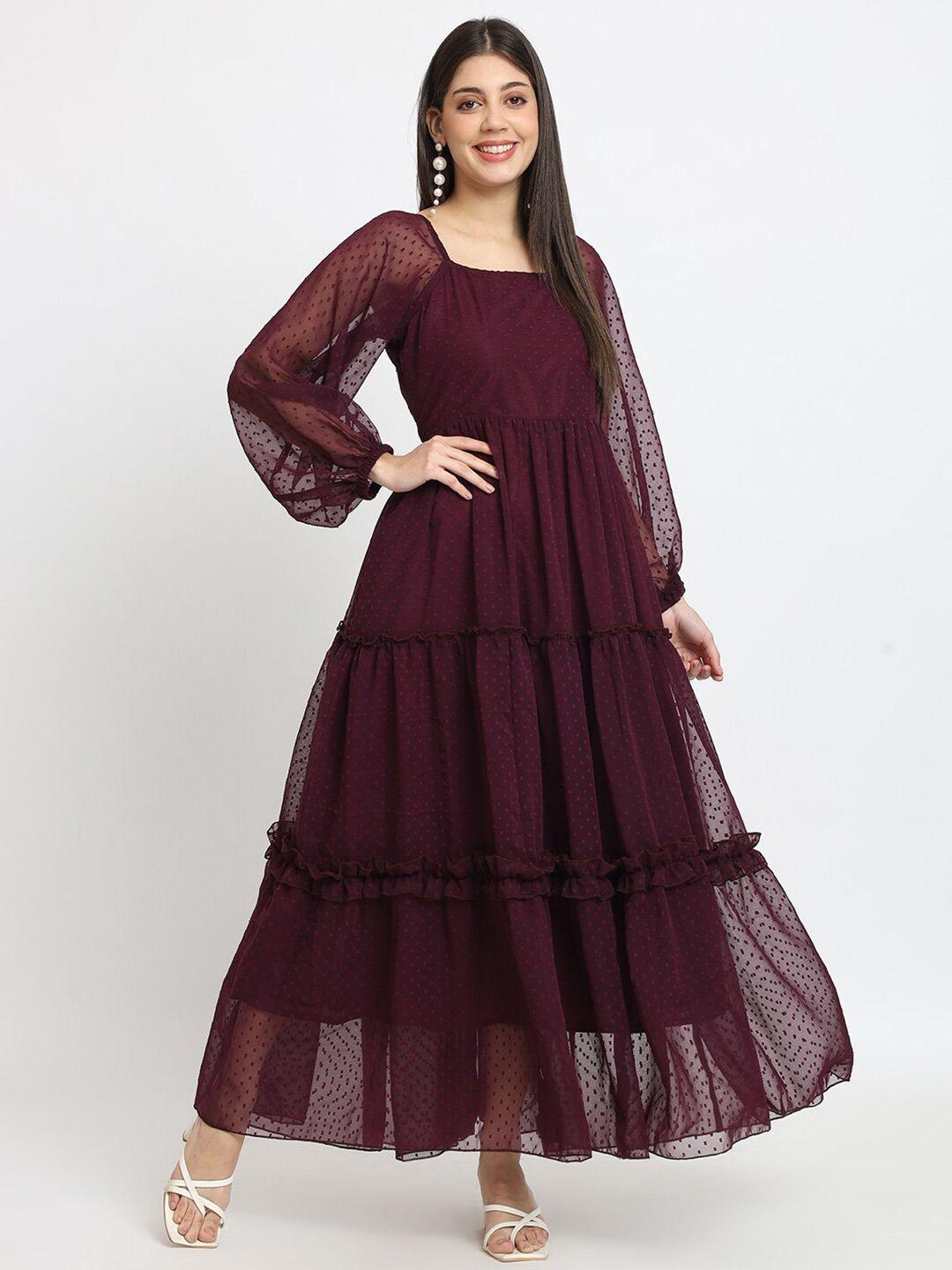 isam burgundy floral puff sleeve ruffled georgette fit & flare maxi dress