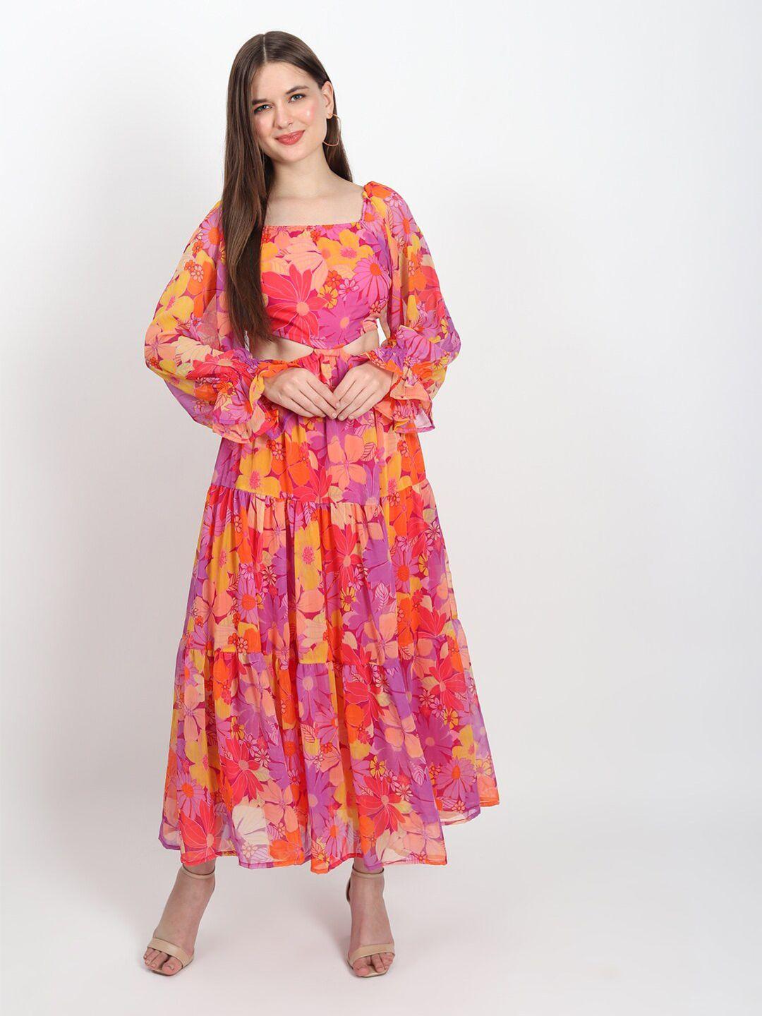 isam floral printed cut-out detailed square neck puff sleeves tiered maxi dress
