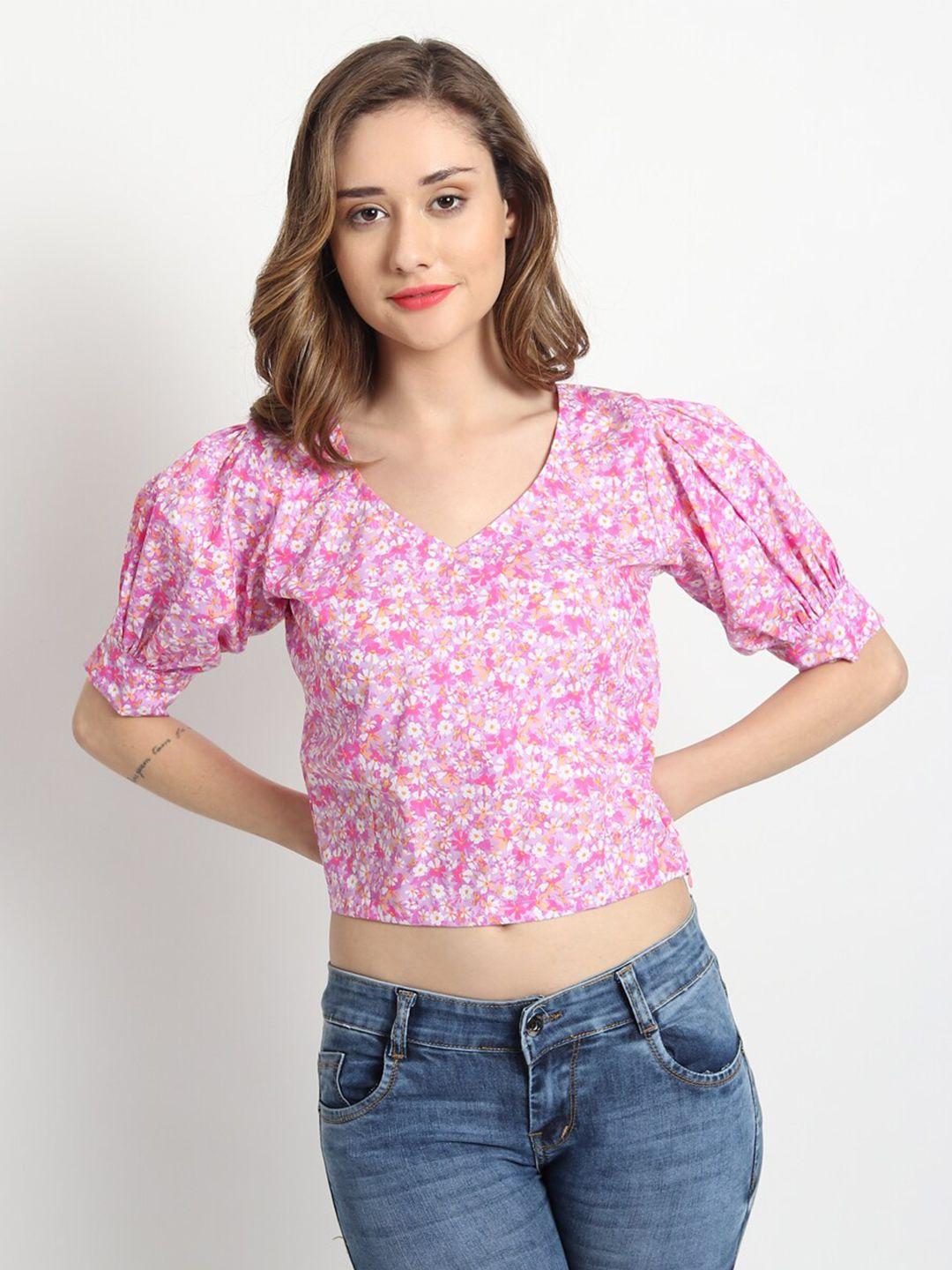 isam floral printed puff sleeves v-neck pure cotton crop top