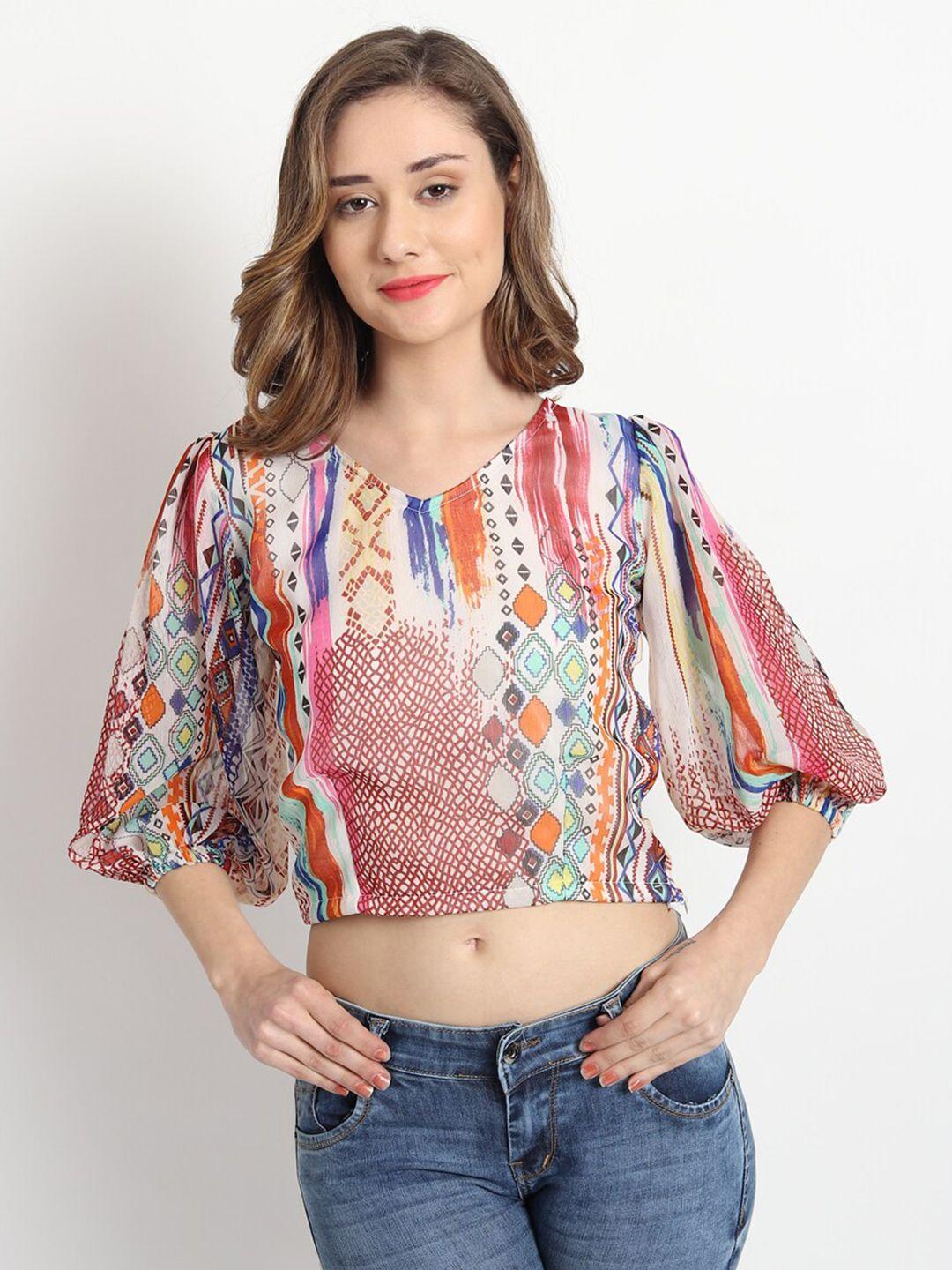 isam abstract printed puff sleeves v-neck crop top