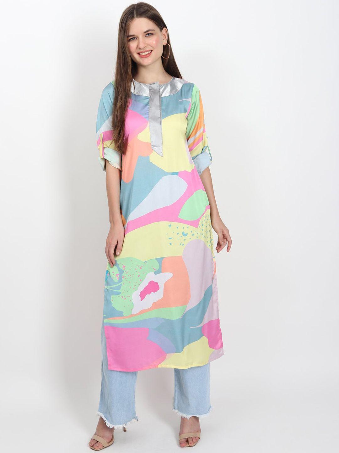 isam abstract printed round neck roll-up sleeves pastels straight kurta