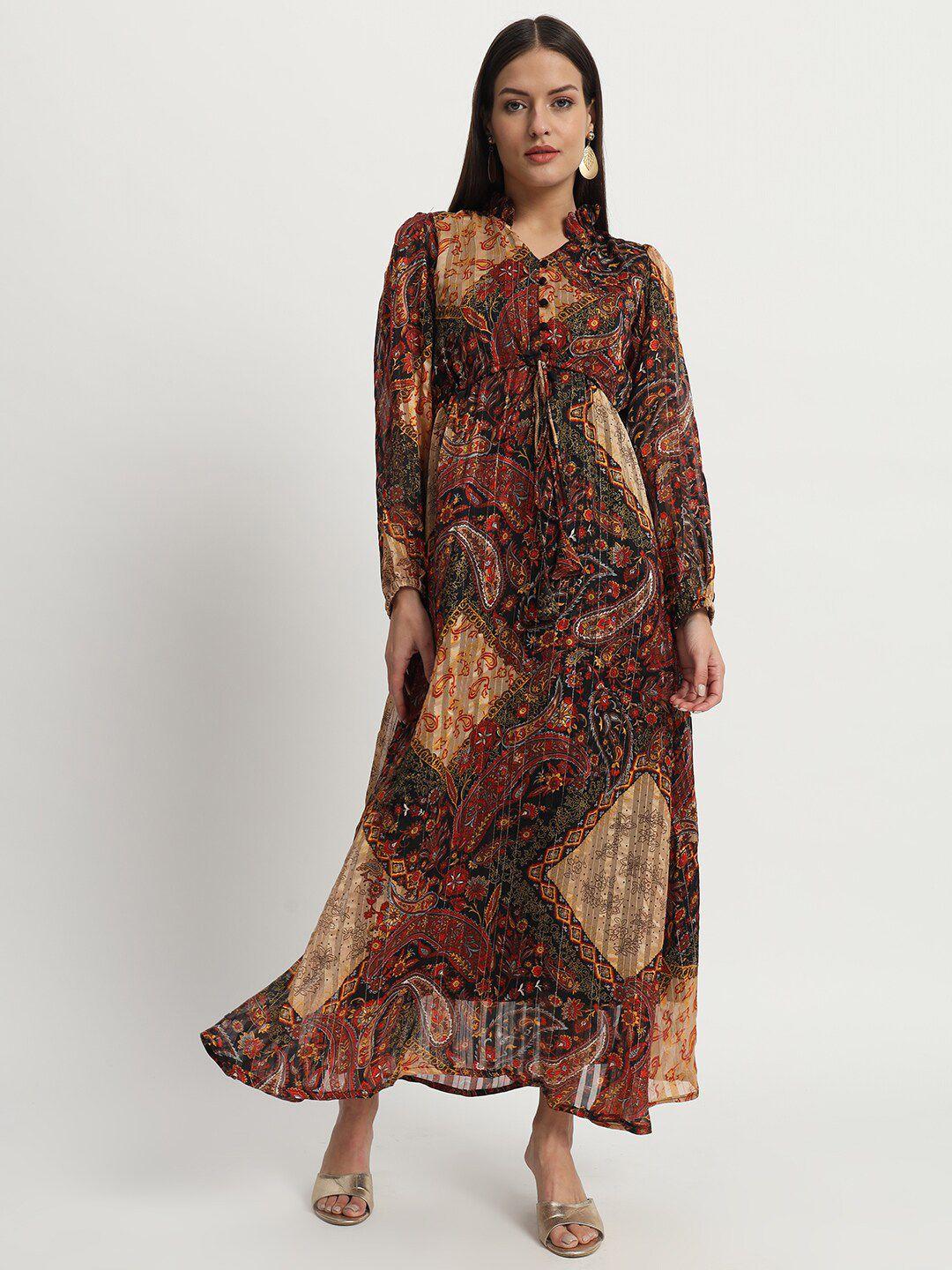 isam abstract printed v-neck puff sleeve maxi dress