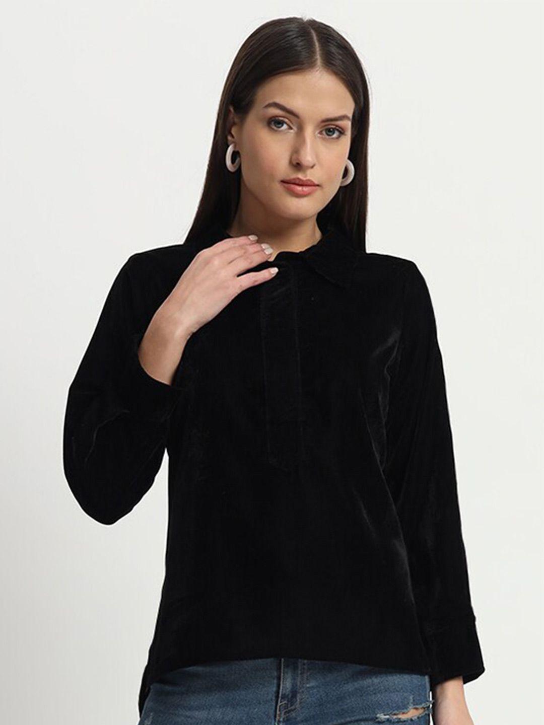 isam black mandarin collar velvet top