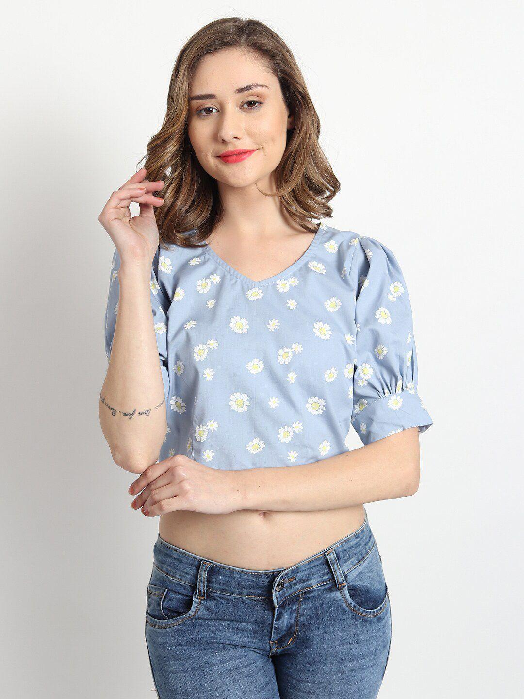 isam blue floral print puff sleeves pure cotton crop top