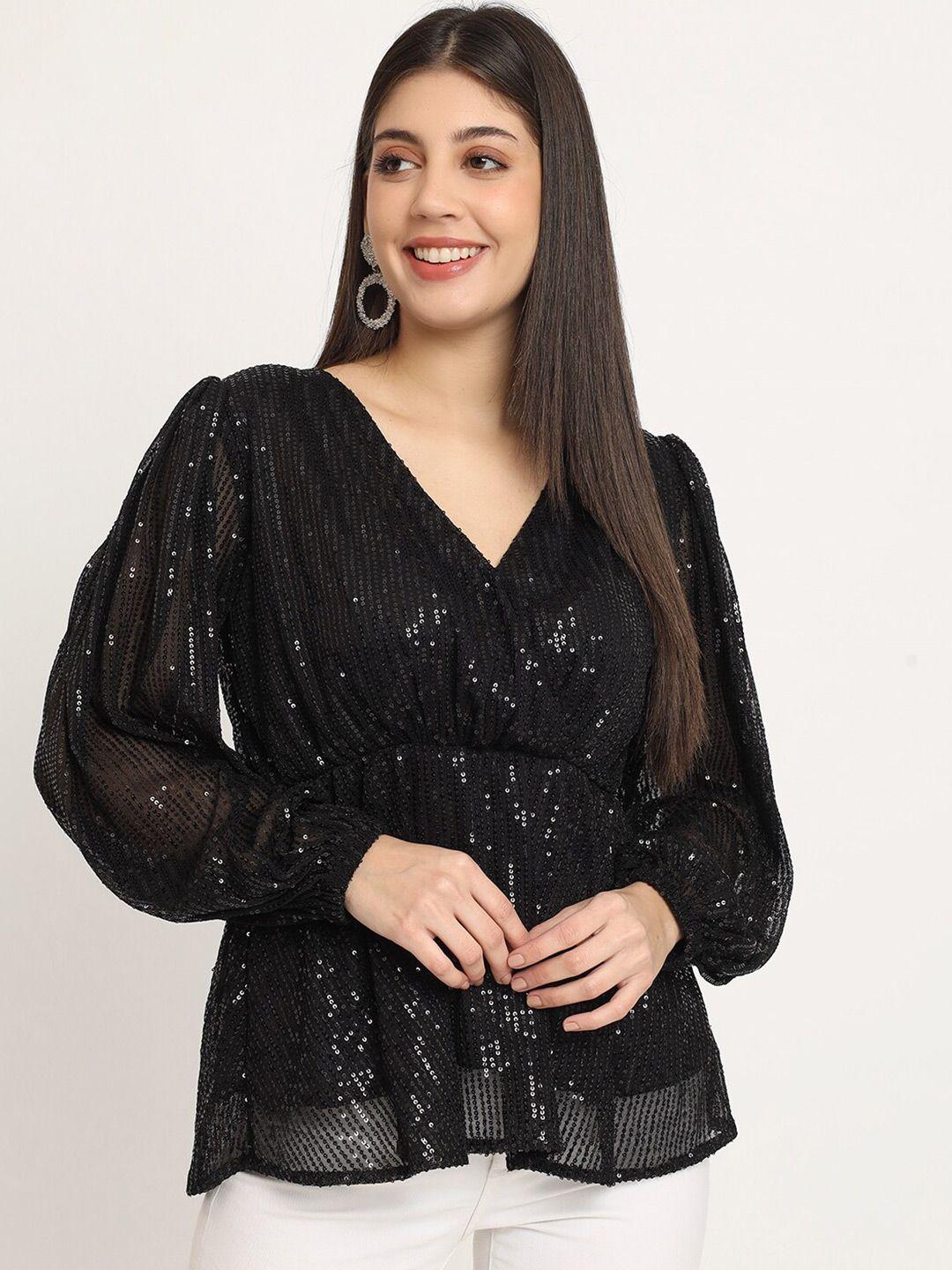 isam embellished puff sleeve net peplum top