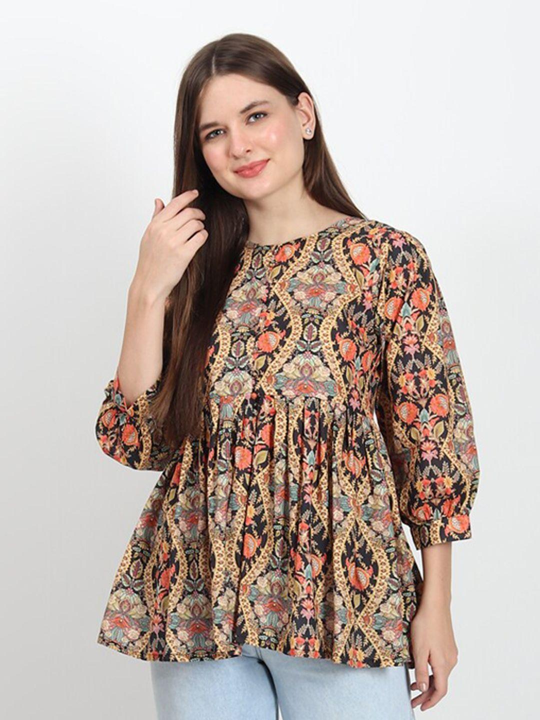 isam ethnic motifs printed puffed sleeves gathered or pleated pure cotton peplum top