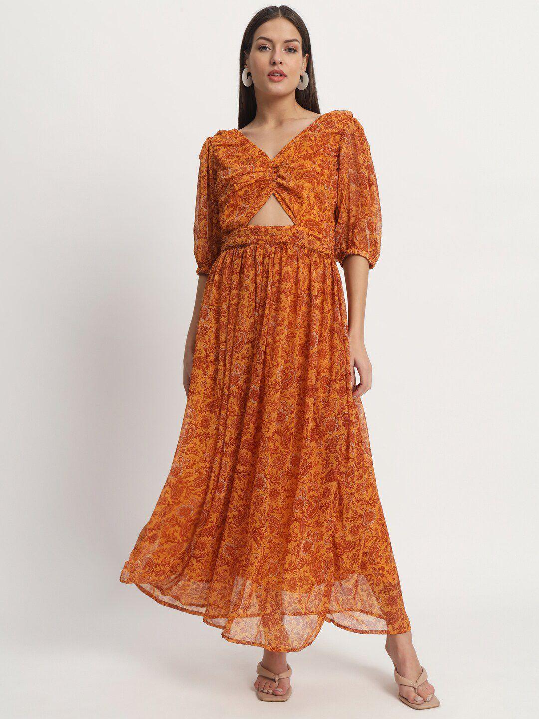 isam floral printed v-neck puff sleeve maxi dress