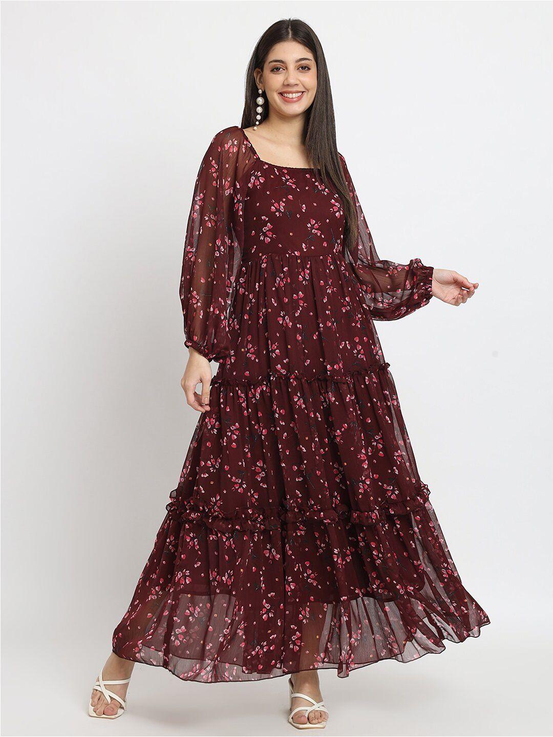 isam maroon floral print puff sleeve ruffled chiffon fit & flare maxi dress