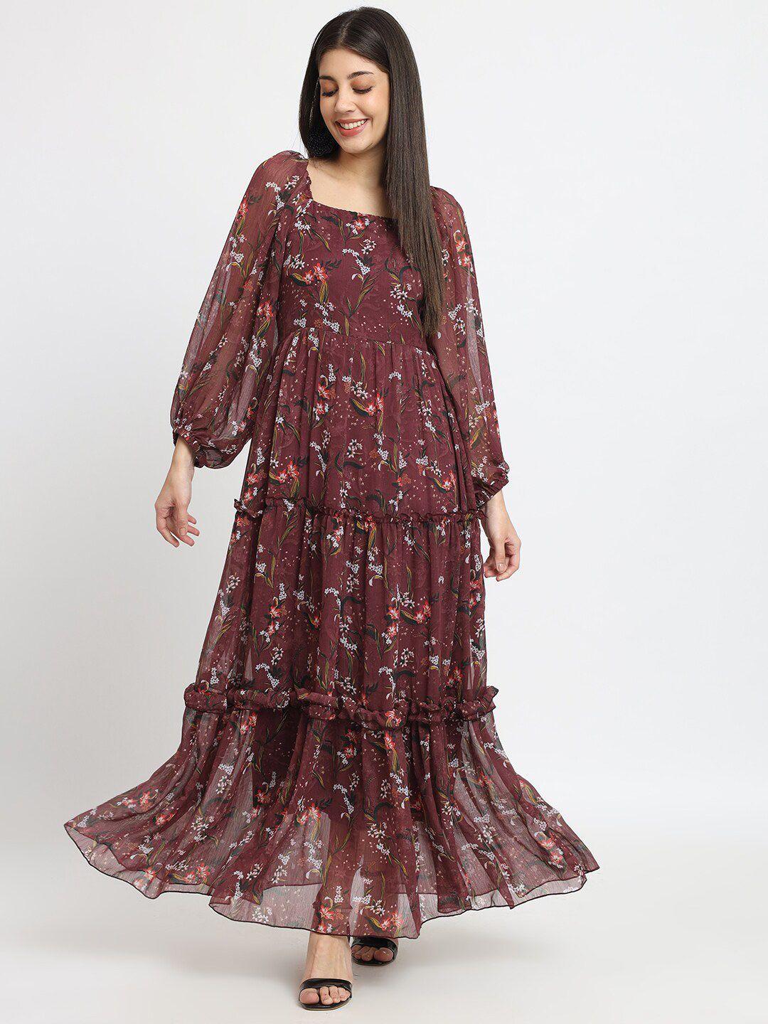 isam maroon floral print puff sleeve ruffled chiffon fit & flare maxi dress