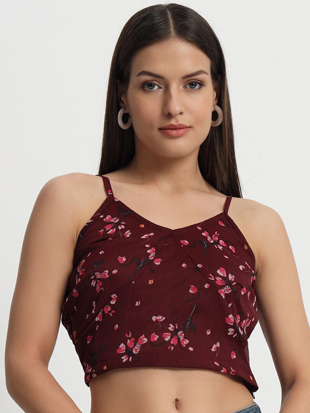 isam maroon floral print sweetheart neck chiffon tank crop top