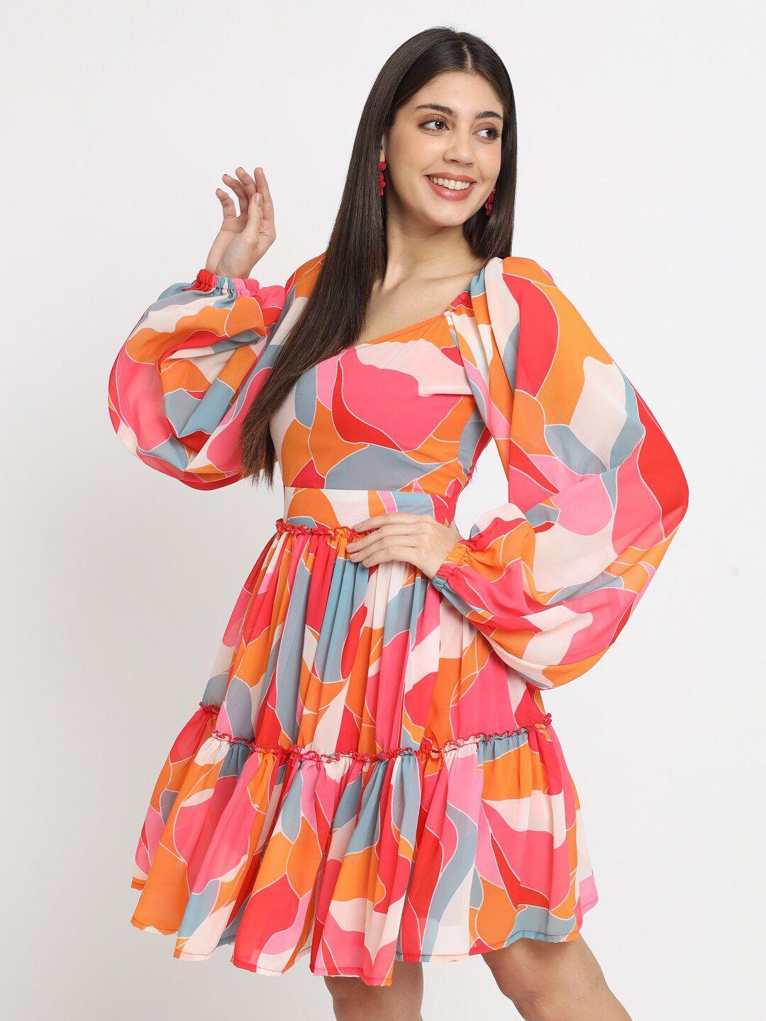 isam multicoloured floral print puff sleeve georgette fit & flare mini dress