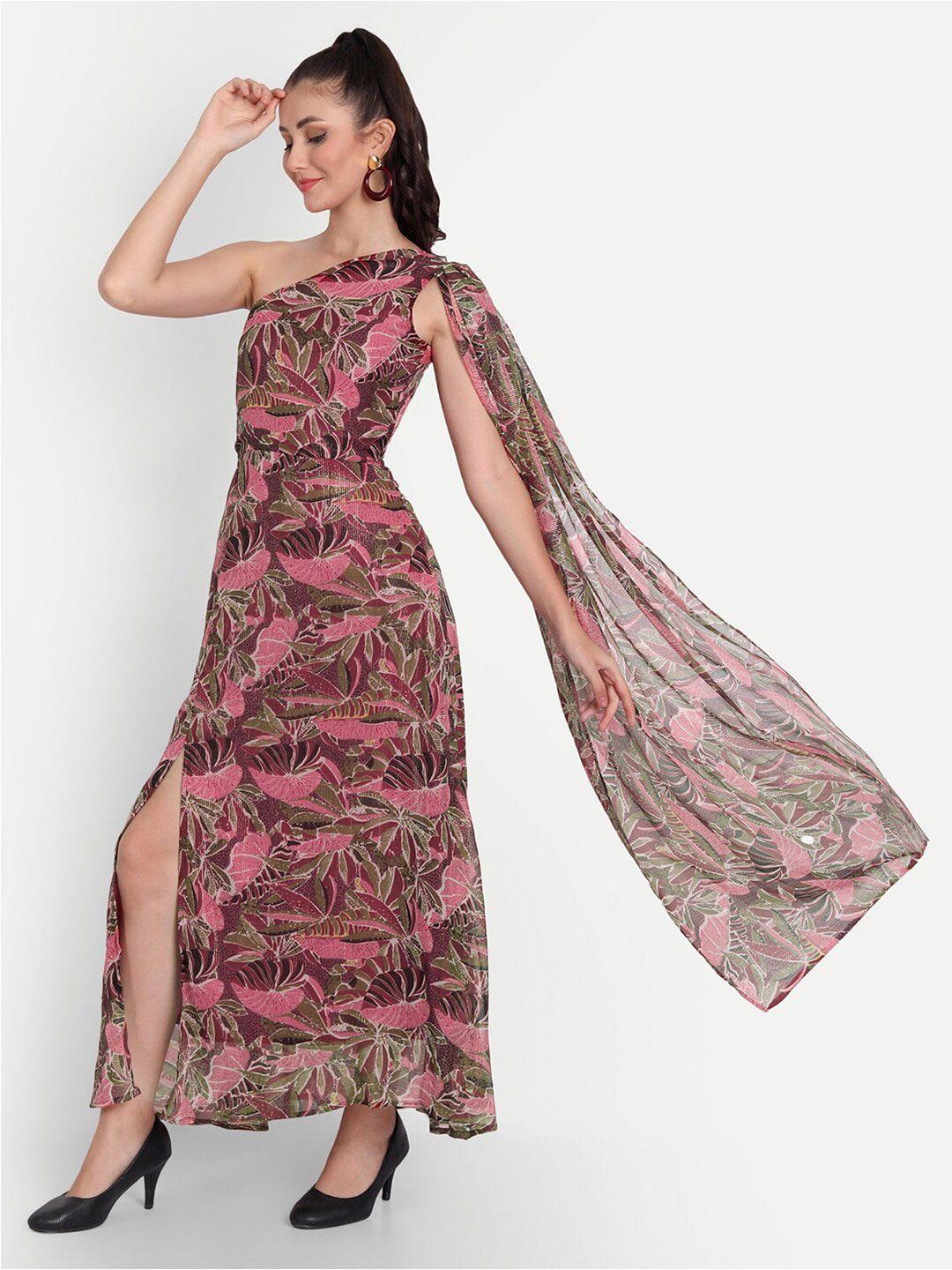 isam pink floral one shoulder chiffon maxi dress