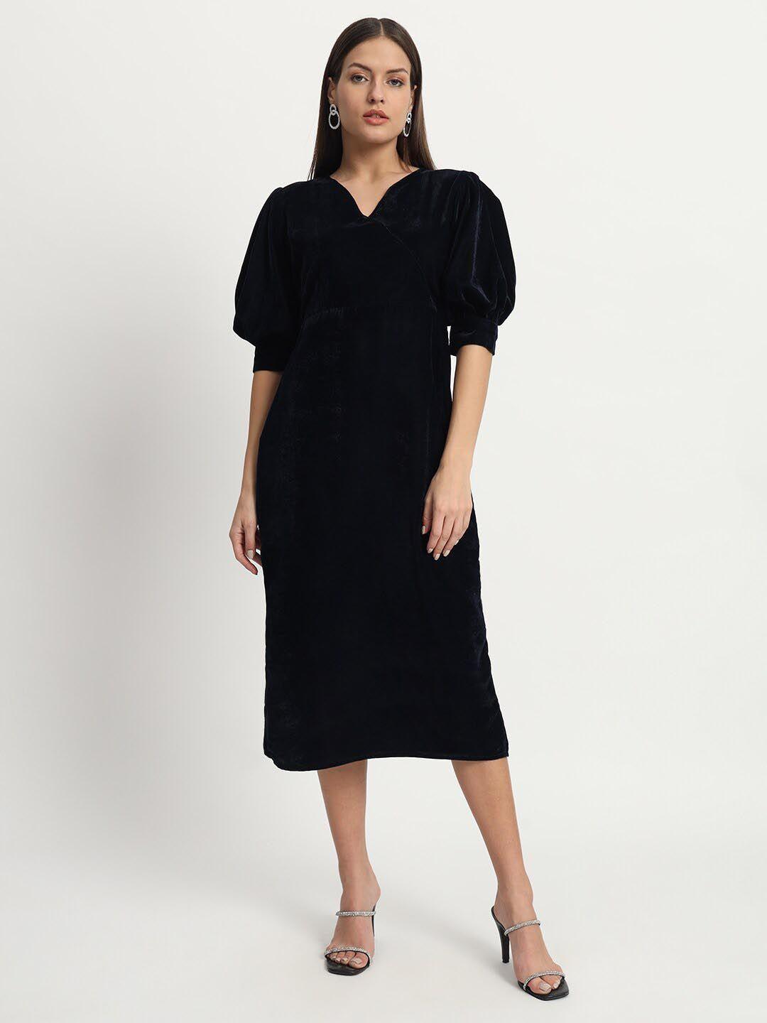 isam v neck puff sleeves velvet sheath midi dress