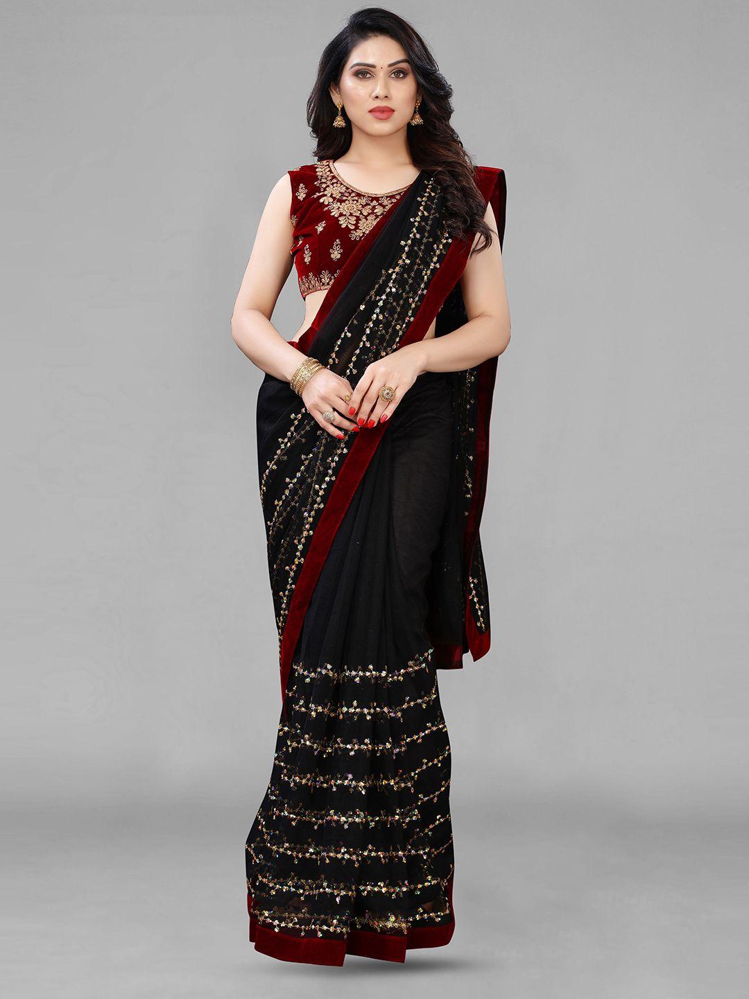 isha trade black embellished embroidered net saree