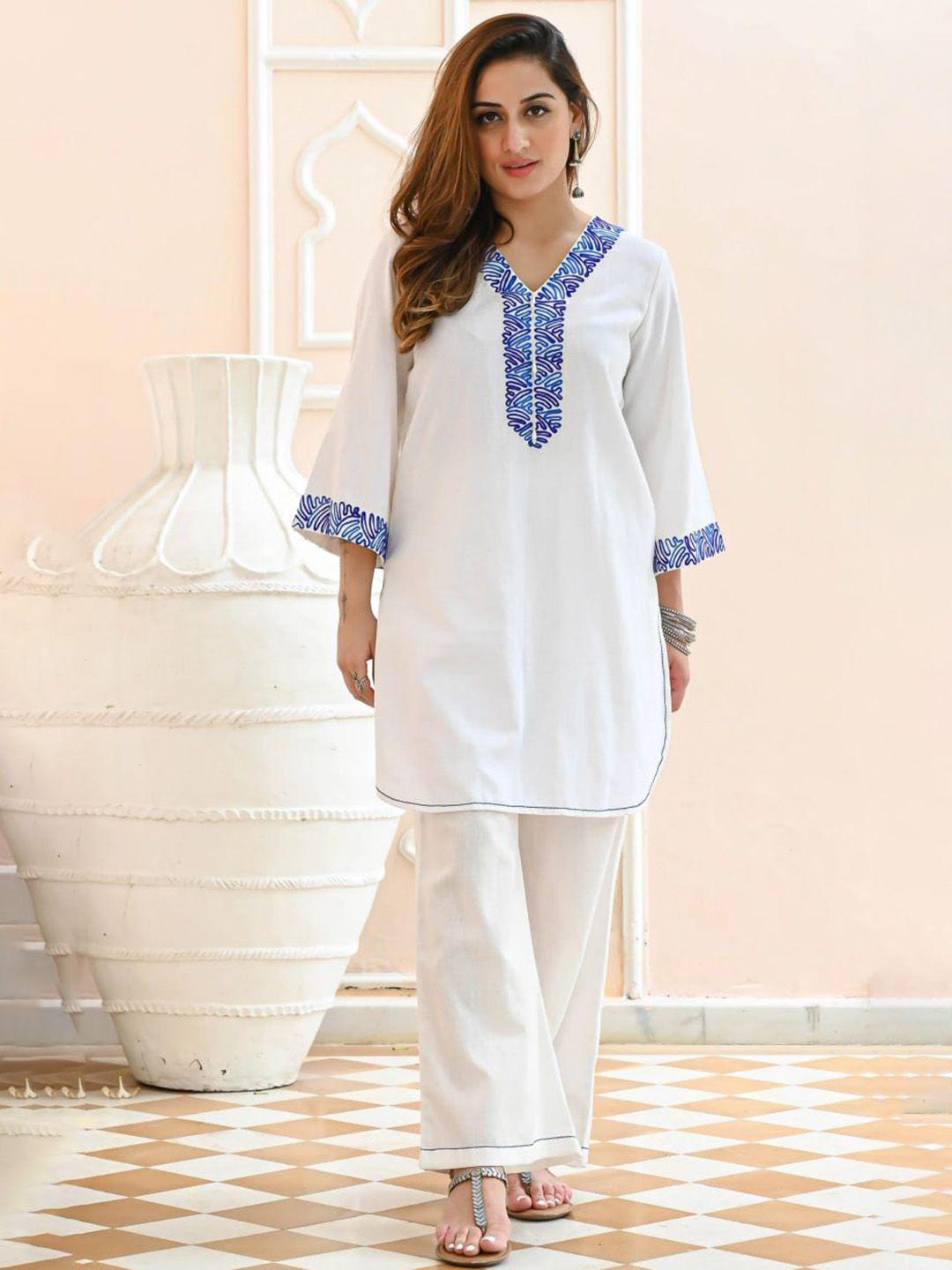 isha trade embroidered pure cotton tunic with palazzo co-ords