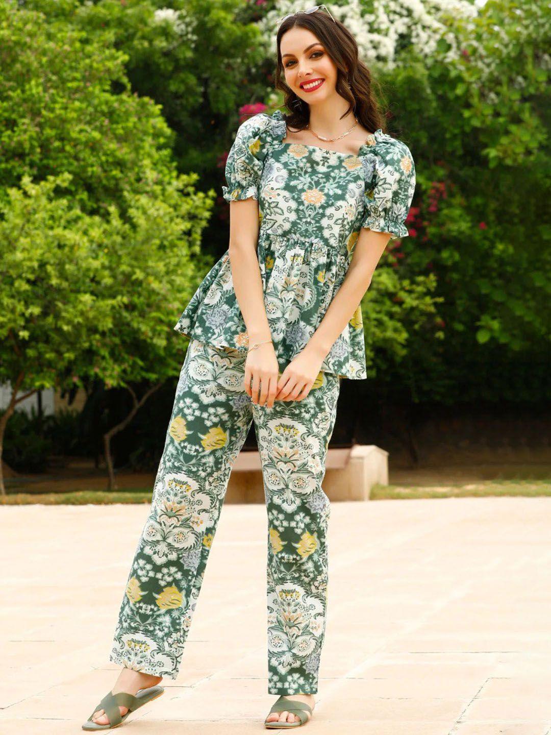 isha trade floral printed peplum top with trousers co-ords