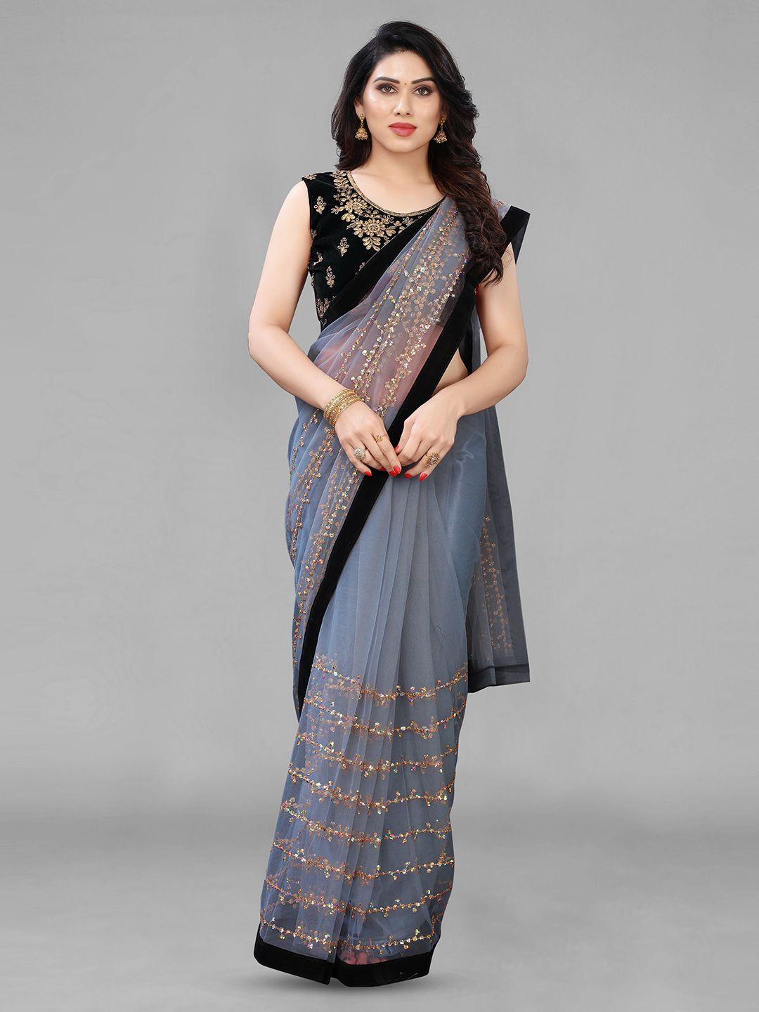 isha trade grey embellished embroidered net saree