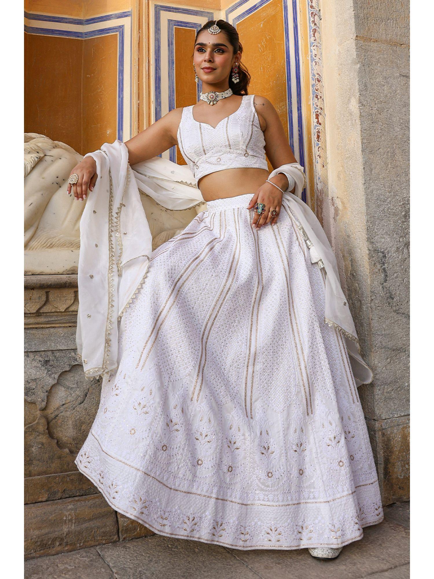 ishika white lucknowi embroidered lehenga (set of 3)